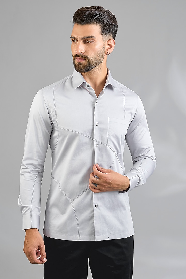 Silver Grey Cotton Party Wear Shirt by Dhruv Vaish at Pernia's Pop Up Shop
